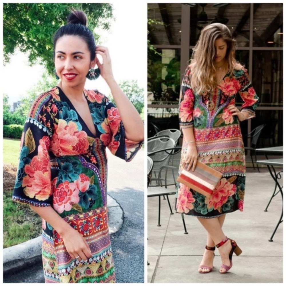 FARM Rio Green and Orange Bell Sleeve Maxi Sundress